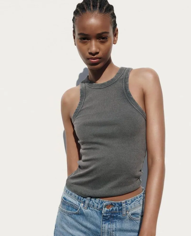 Zara ZARA Ribbed Tank Top (графітова)